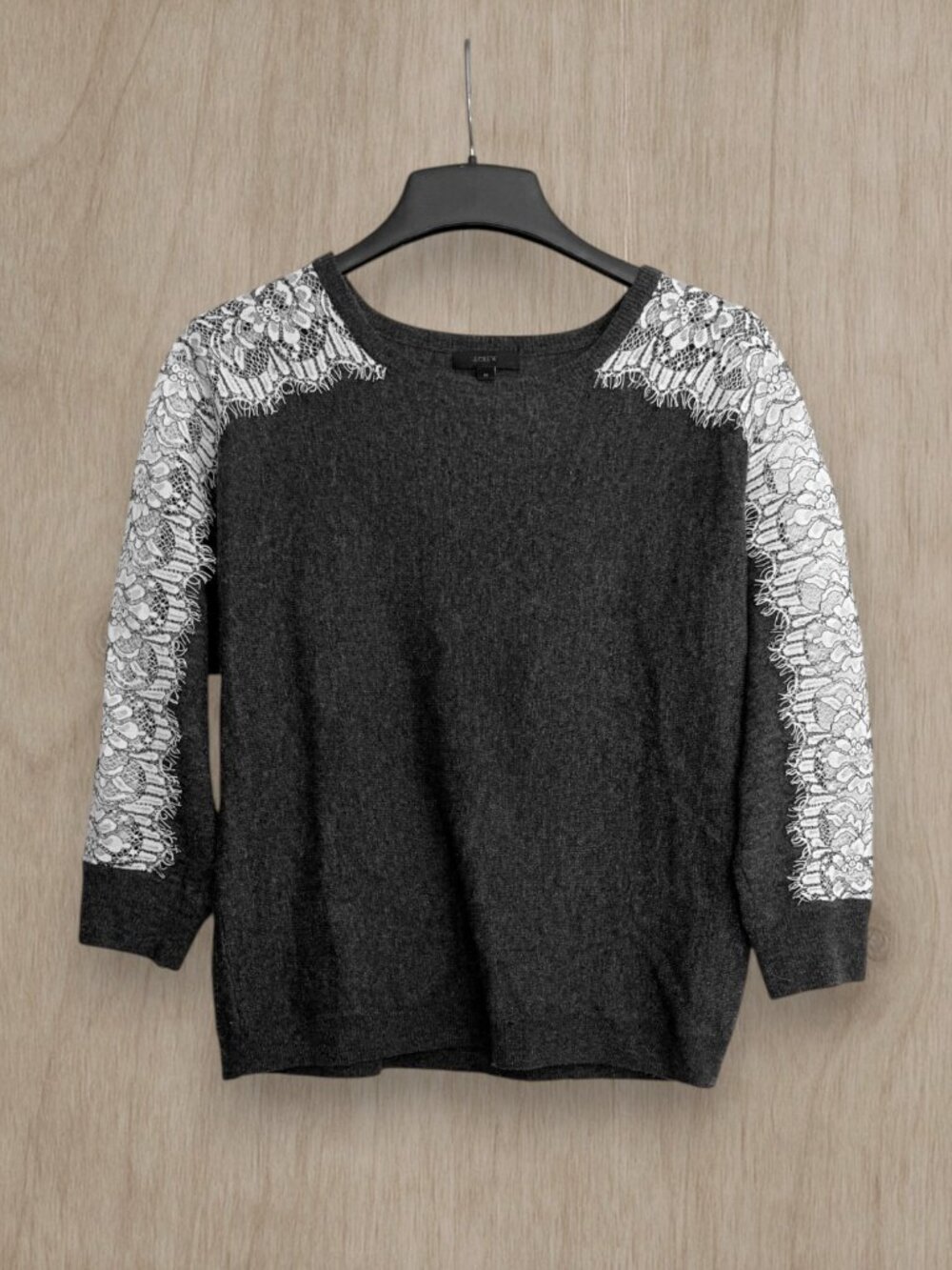 J.Crew Gray Wool Blend Sweater M White Floral Lace Sleeves Romantic Preppy